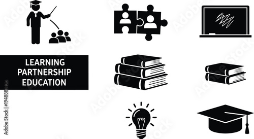 Education learning partnership icons with books and graduation cap