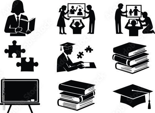 Education icons including students teachers books and graduation caps symbols