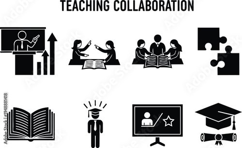 Teaching collaboration education icons set with learning and graduation symbols