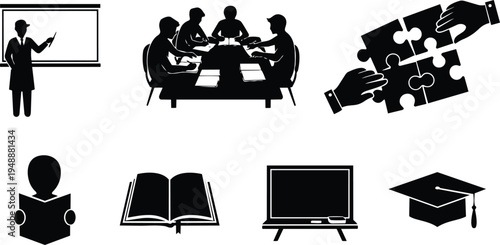 Education icons including teacher student book puzzle graduation cap