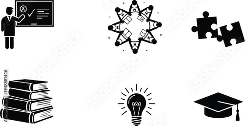 Education learning icons set with books graduation cap lightbulb puzzle