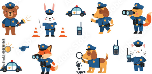 Set of cute animal police officers, cartoon characters of bear, rabbit, dog and cat in police uniform with patrol car and walkie talkie, vector illustration isolated on white background