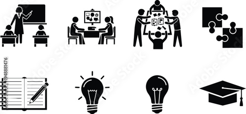 Education learning icons set with people teaching studying and graduation cap