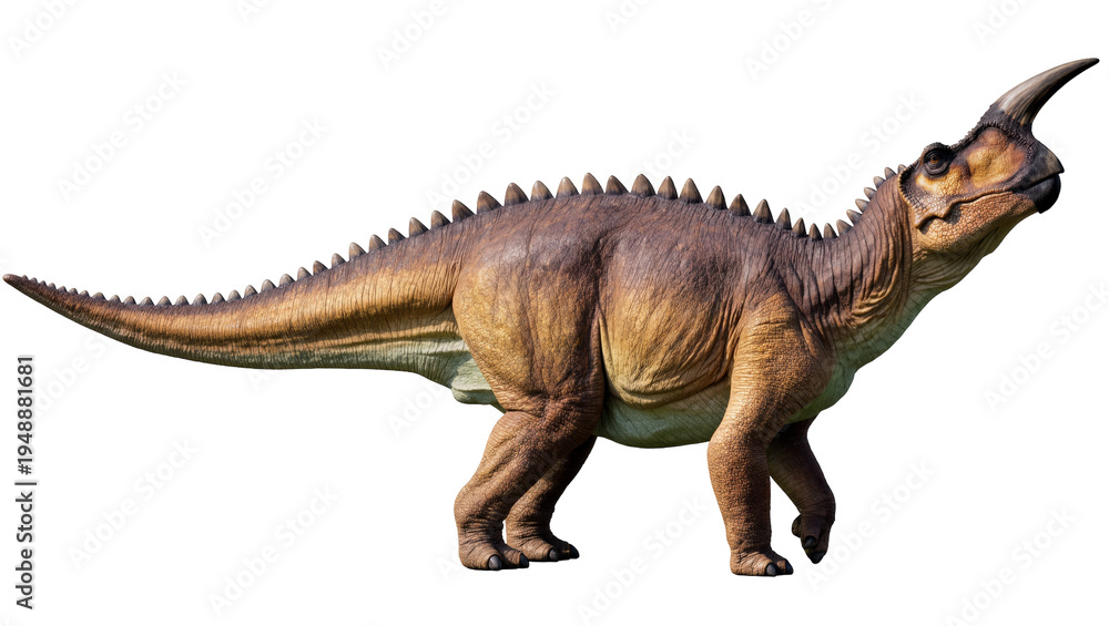 Fototapeta premium Isolated realistic prehistoric horned dinosaur walking, ancient creature with spiky back