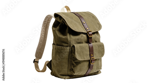 Bild auf Leinwand Isolated stylish army green canvas backpack with brown leather accents and metal