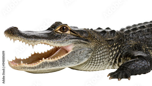 фотографія Isolated American alligator with gaping mouth showing pointed teeth, side view, natural
