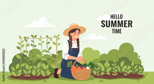 Cheerful young woman wearing a sun hat and harvesting a basket full of fresh vegetables from her garden on a sunny summer day in the countryside.