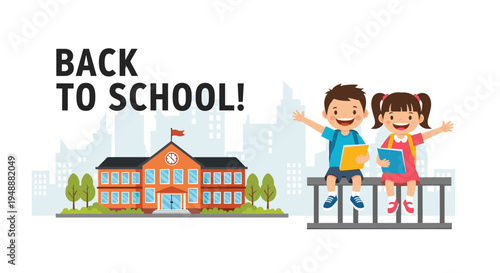 Cheerful schoolboy and girl holding notebooks and waving while sitting in front of a colorful school building in a modern city landscape.