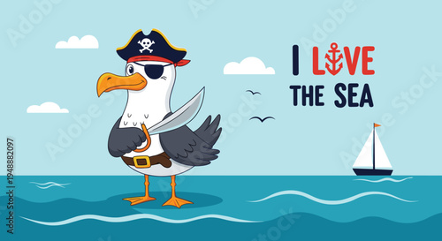 Seagull dressed as a pirate with a hat, eye patch, and sword, standing on the ocean waves under a clear blue sky with a sailboat in background.