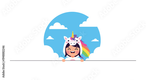 Adorable child wearing a colorful unicorn costume and peeking over a white edge against a blue sky with fluffy white clouds in a circular frame.