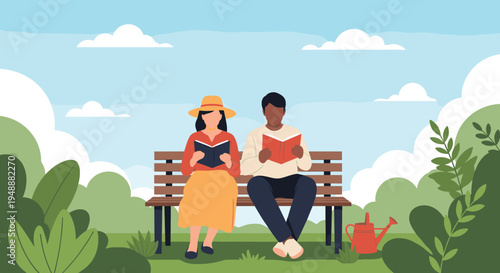 Man and woman sitting together on a wooden park bench and reading their books surrounded by lush green bushes and trees on a sunny afternoon.