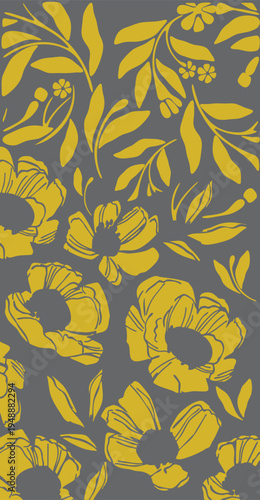 Stunning mustard yellow flowers bloom against a dark grey background in this elegant pattern. A stylish botanical design ideal for autumn wallpaper prints luxury textiles or sophisticated packaging