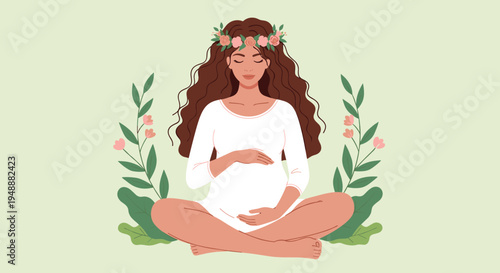 Pregnant woman with a floral crown sitting in a lotus pose and meditating in nature for health and wellness during her pregnancy journey.