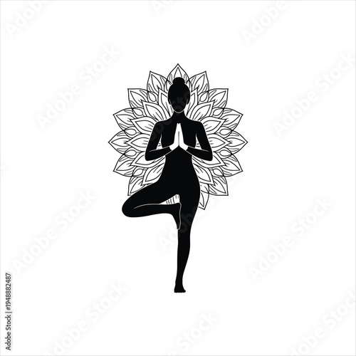 Woman Practicing Tree Pose Yoga with Mandala Background, Meditation and Balance Concept Illustration