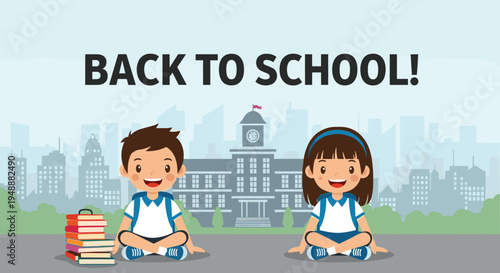 Smiling schoolboy and girl sitting on the ground in front of a classic school building and city skyline, ready for their first day of school.