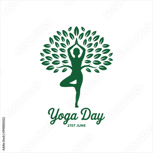 International Yoga Day Green Tree Pose Woman Nature Wellness Concept 21 June Illustration