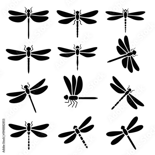 Pattern of Solid Black Flying Dragonfly Silhouettes