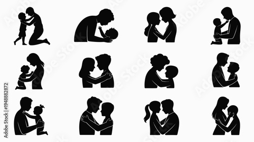 Minimalist black silhouettes of parents and children in various loving poses and interactions
