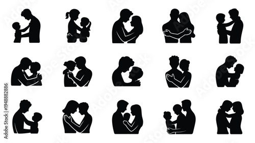 Vector illustration of black silhouettes of parents and children hugging showing love and affection on white background