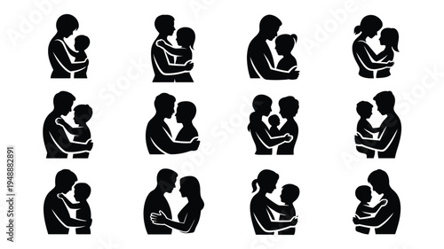 Collection of minimalist black silhouettes of people hugging and embracing each other in various poses