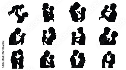 Collection of black silhouette icons depicting parents and children in various loving poses and interactions on white background