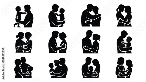 Vector illustrations of parents holding and hugging children in various poses and silhouettes on white background