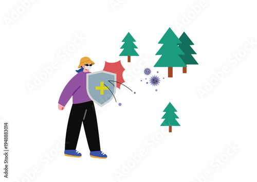 花粉症と戦う女性のイラスト