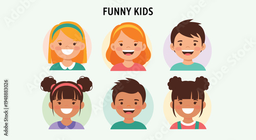 Collection of diverse and happy children avatar icons featuring different hair colors and styles in a flat vector design.