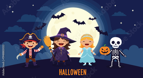 Group of cute kids dressed in various Halloween costumes standing under a large full moon with bats flying in the night sky.