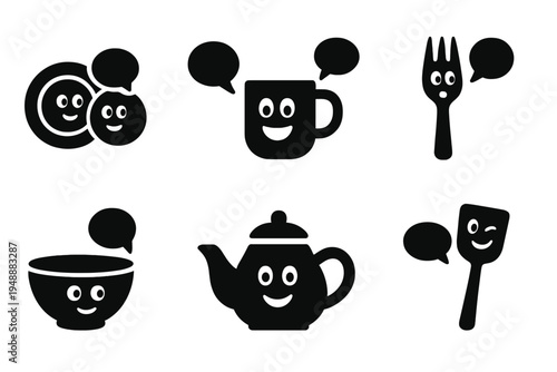 Animated Kitchenware Icons. Whimsical kitchen moments (talking dishes). Filled icon set of Whimsical kitchen