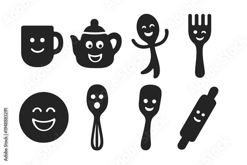 Playful Kitchen Icons. Funny kitchen objects. Filled icon set of Funny kitchen objects: smiling cup, goofy