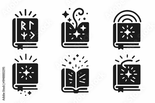 Arcane Tome Icons. Arcane light-bound books. Filled icon set of arcane light-bound books: tome with radiant