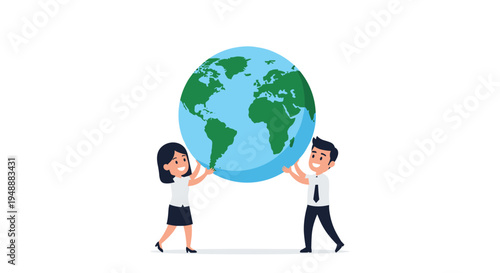 Business man and woman working together to hold up a large globe of the earth representing global cooperation and unity.