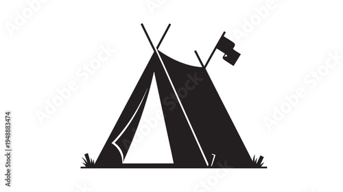 Tent teepee with a flag on a white background, symbolizing camping and adventure. featuring wigwam, canvas, outdoors with shelter and camp elements