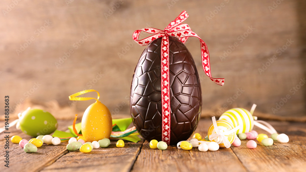 Fototapeta premium chocolate easter egg with red ribbon