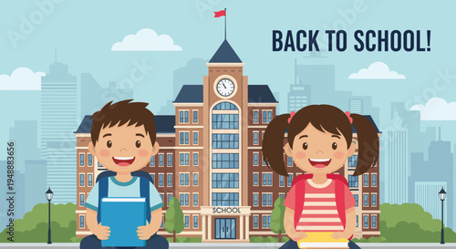 Two happy students with backpacks sitting in front of a classic brick school building with a city skyline in the distance.