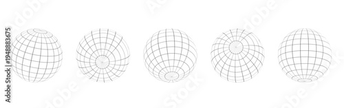 Globe grid spheres. Striped 3D spheres, geometry globe grid, Striped 3D orbs, Earth longitude and latitude line wireframe spheres, Earth globe hemispheres set. Geometry globe grid,