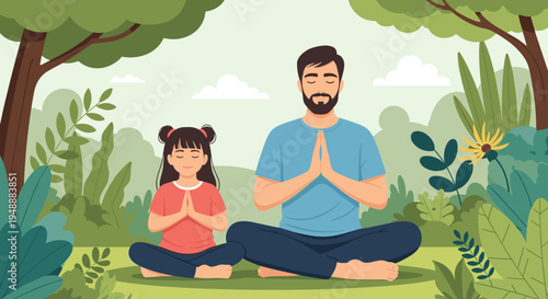 Father and his young daughter practicing mindfulness by meditating together in a peaceful lush green park with big trees.