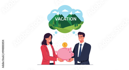 Couple putting a coin into a large piggy bank while dreaming of a mountain vacation as seen in a thought bubble above them.