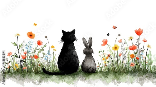 black cat and rabbit on the grass