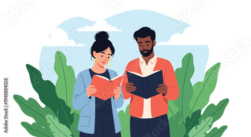 Man and woman standing together and focused on reading their respective books in a garden setting filled with large leaves.