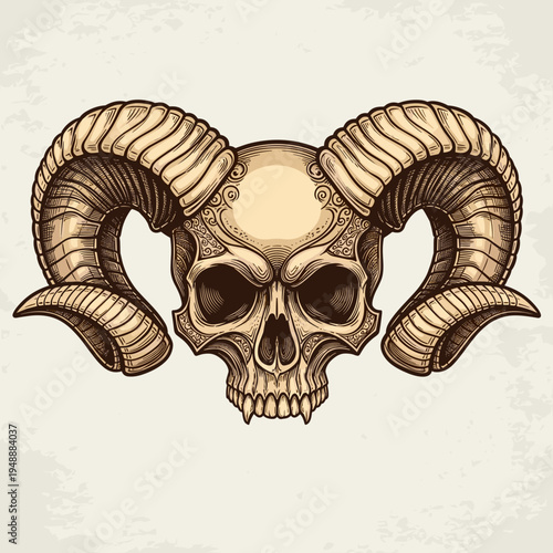 Human Skull with Large Ram Horns Fantasy Art