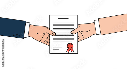 Close up of two people in business suits exchanging or signing a formal contract document with a red wax seal in an office.