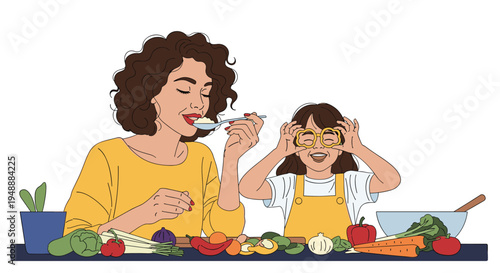 Mother and daughter having fun in the kitchen while tasting food and playing with vegetable slices like glasses when cooking.