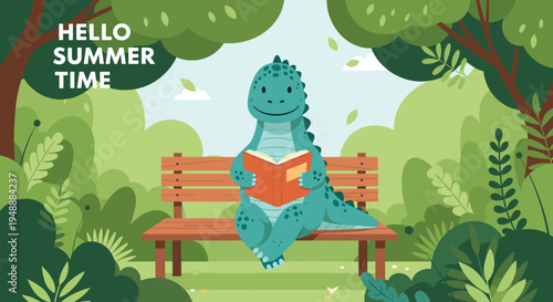 Cute blue dinosaur sitting on a park bench and enjoying reading a book in a peaceful forest setting during the summer time.