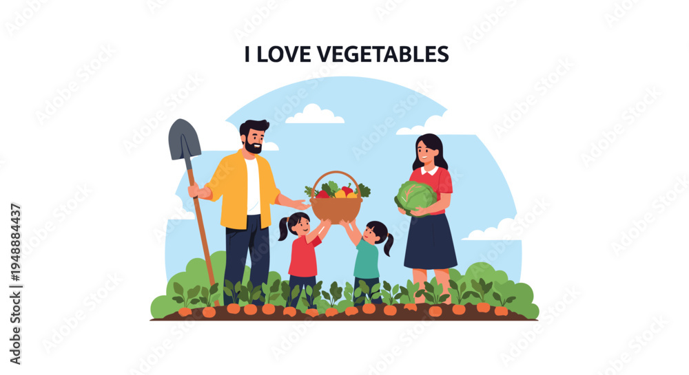 Fototapeta premium Happy family of four working together in a garden to harvest fresh vegetables and placing them into a large wicker basket.