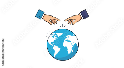 Two hands in business suits pointing towards a blue globe of the earth from above representing global reach and business.