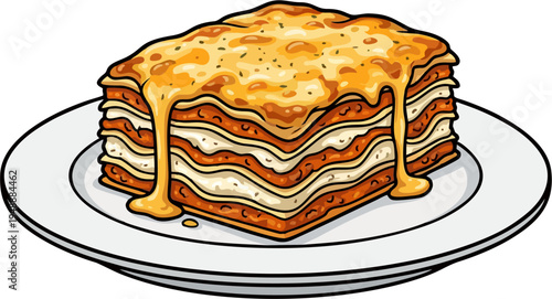 Cartoon Lasagna Slice with Bechamel and Melted Cheese Dripping on White Plate — Italian Bolognese Pasta Vector Illustration Clipart Isolated