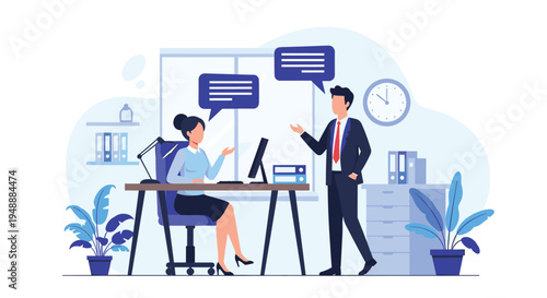 Two business colleagues having a discussion in a modern office setting with speech bubbles and office furniture in vector.