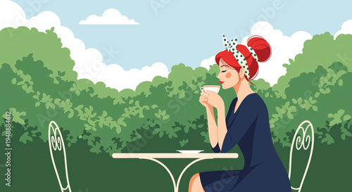 Elegant woman with red hair and a polka dot headband sitting in an outdoor cafe garden and enjoying a cup of tea or coffee.